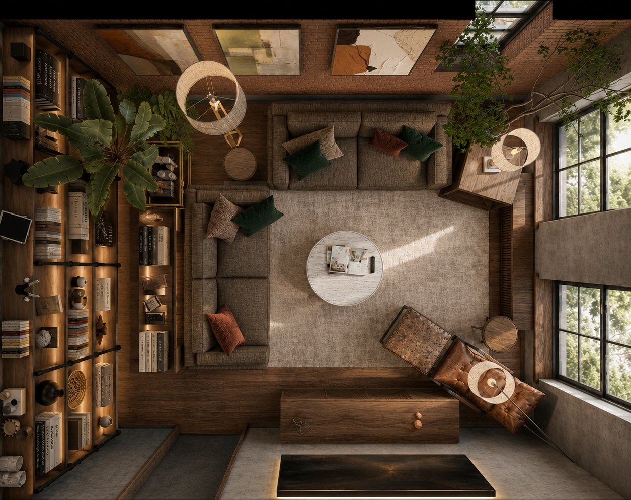 Rendered furniture plan showing seating, rug placement and circulation